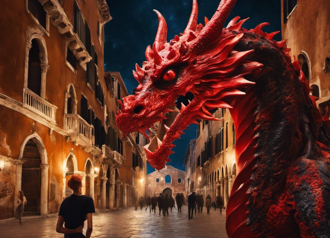 Sci-Fi Dragon in Venice with Gelato, Hyperrealism
