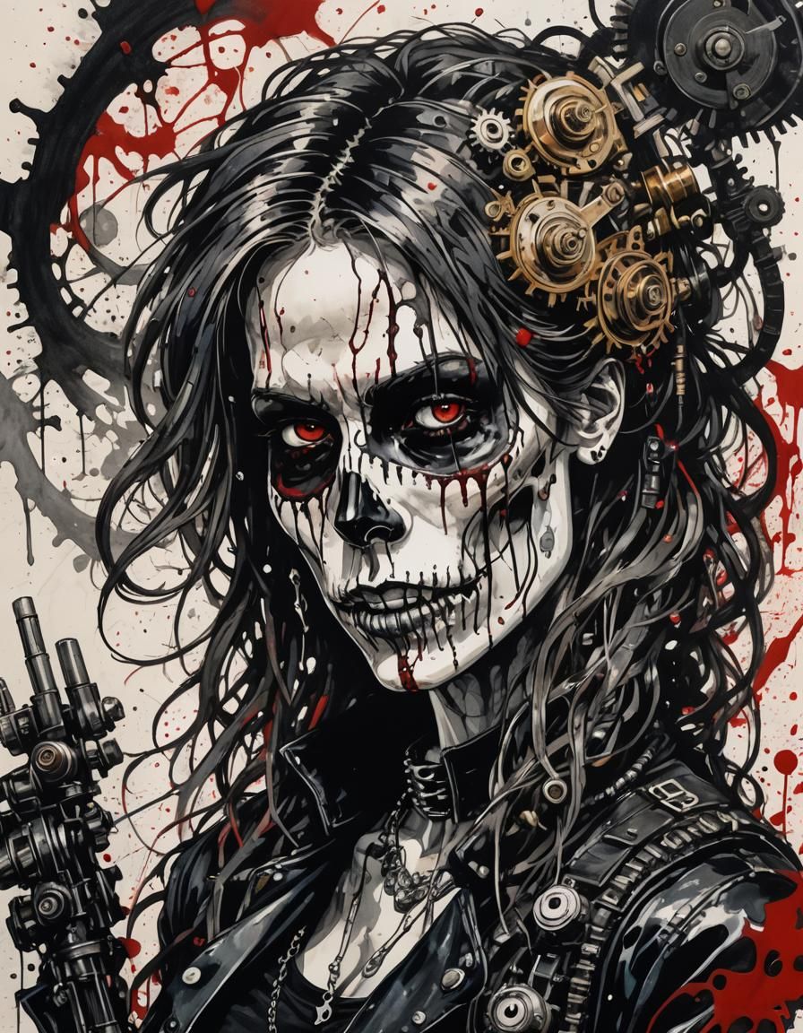 Skull-Faced Punk Rockstar in Steampunk Gothic Style
