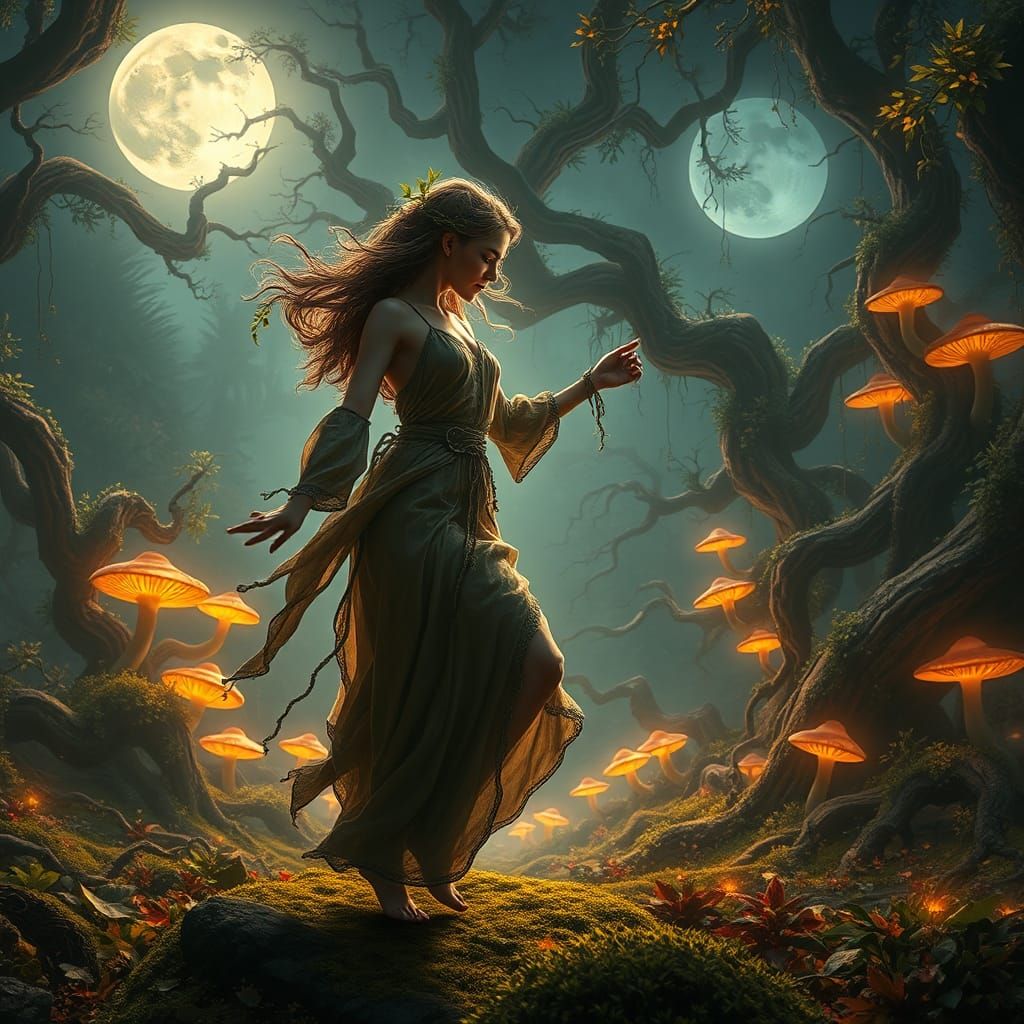 Mystical Druid Dances Under the Moonlit Forest