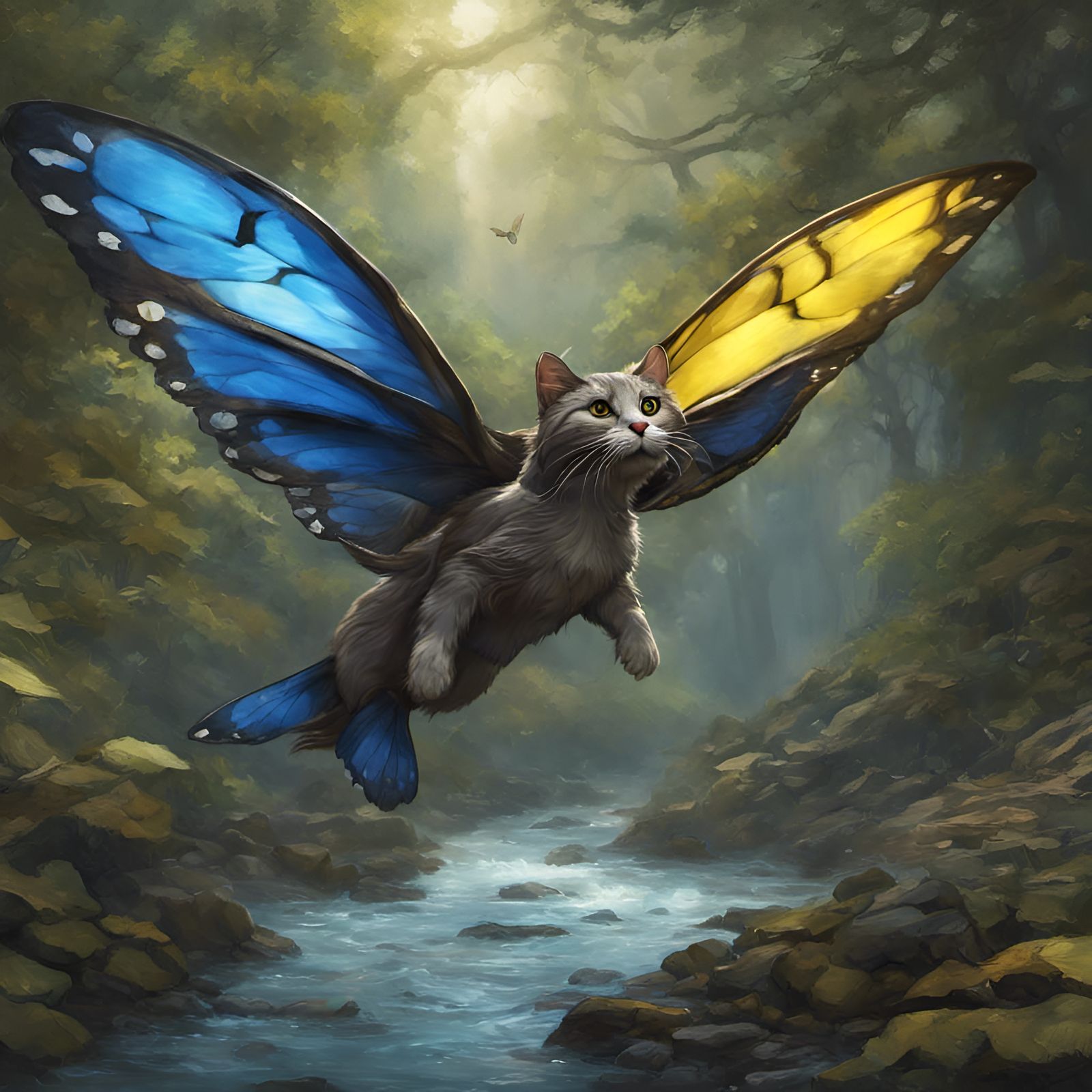 Cat-Otter Hybrid with Butterfly Wings in Dark Fantasy Style
