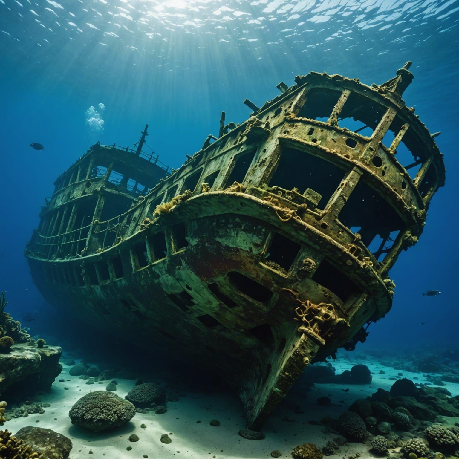 Sunken Shipwreck on Ocean Floor