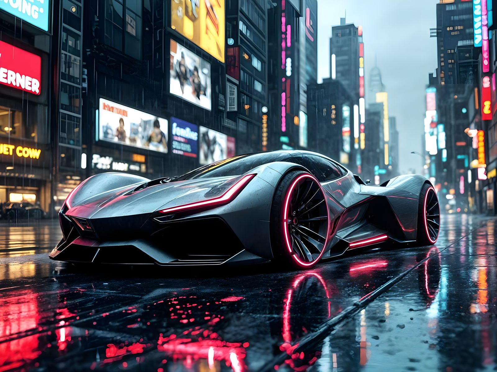 Cyberpunk City: Futuristic Car with Neon Reflections