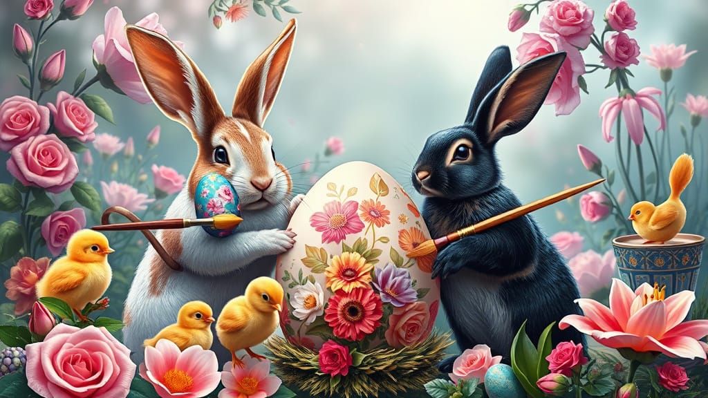 Rabbits and Chicks Painting Easter Eggs in Synthwave Style