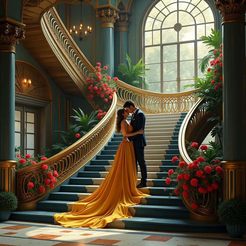Beauty and Beast Embrace in Art Deco Mansion