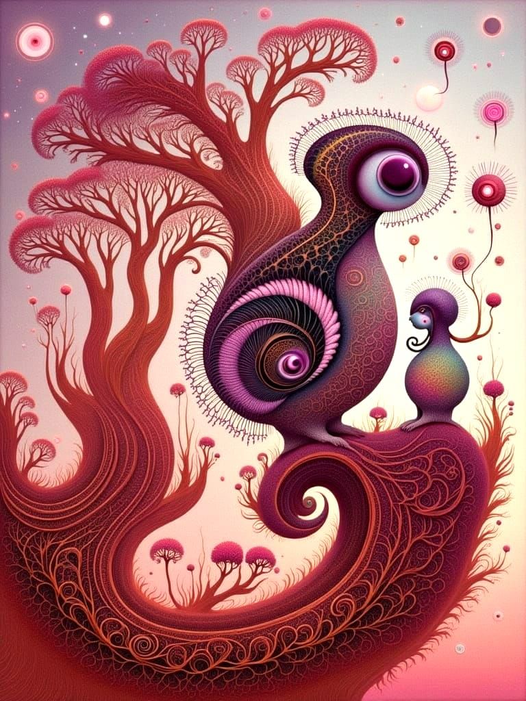 Intricate Fractal Owl Goddess with Baby Owl