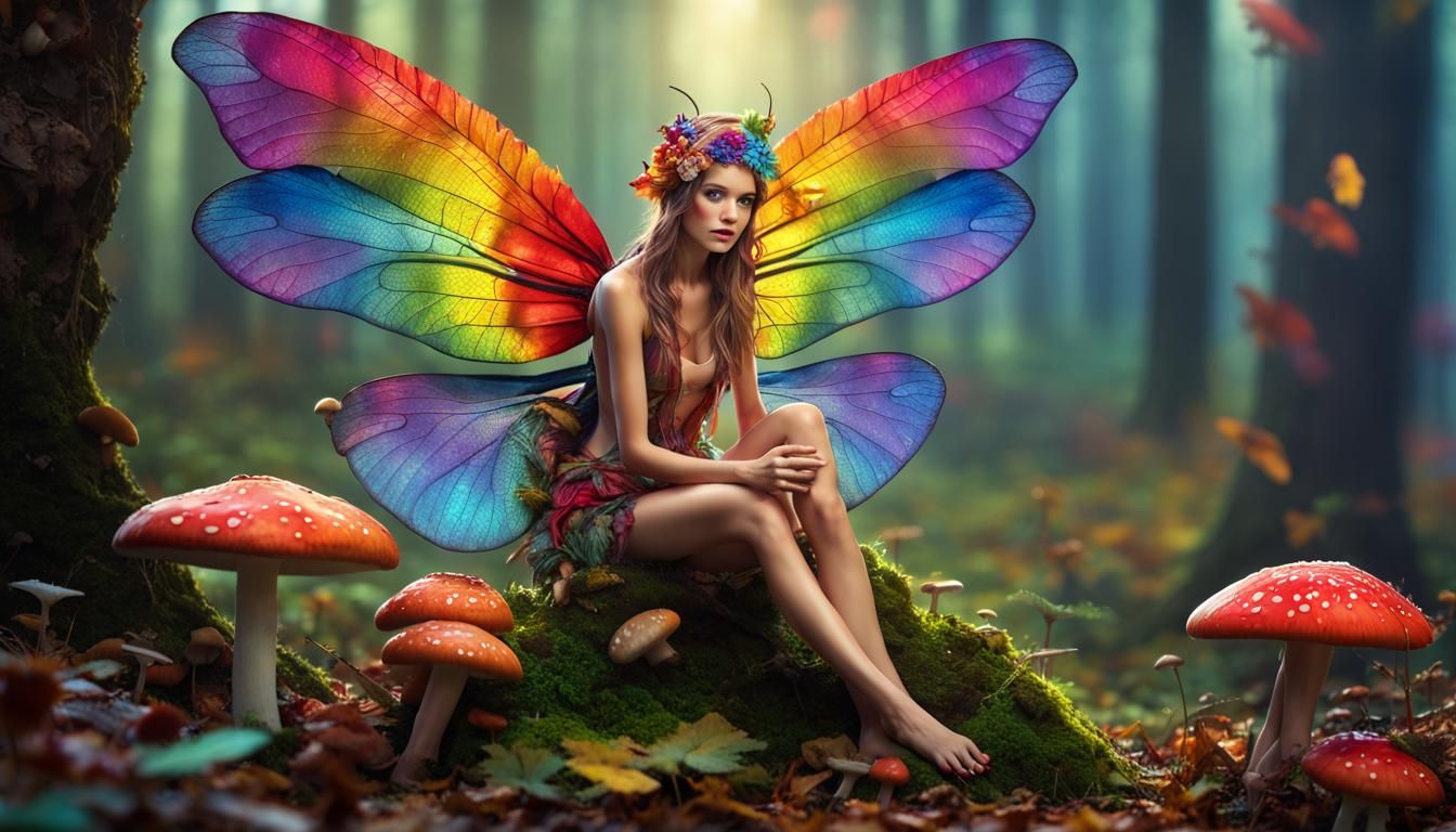 Rainbow Winged Fairy Under Mushroom, Digital Painting
