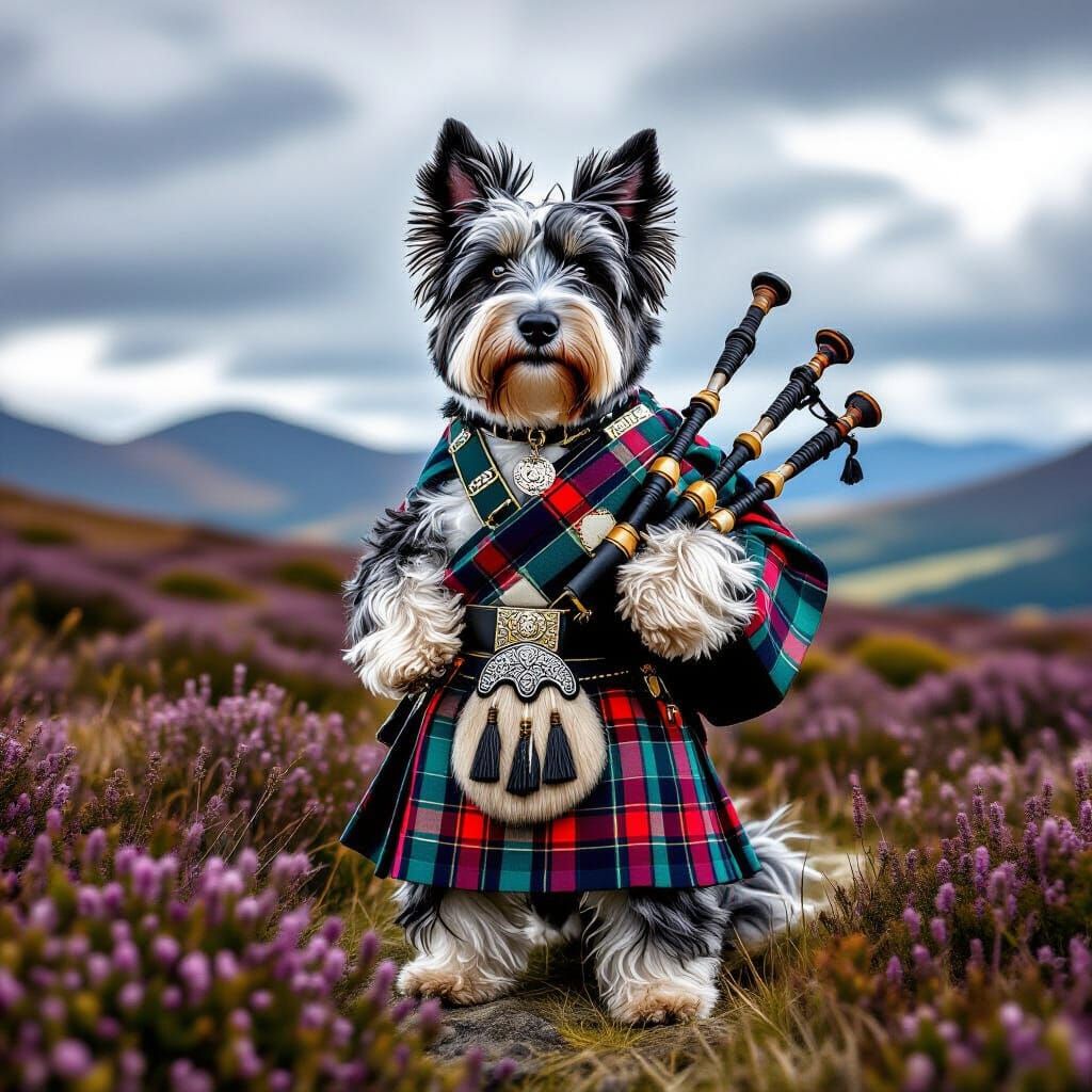 Regal Scottie Dog in Kilt on Windswept Moor