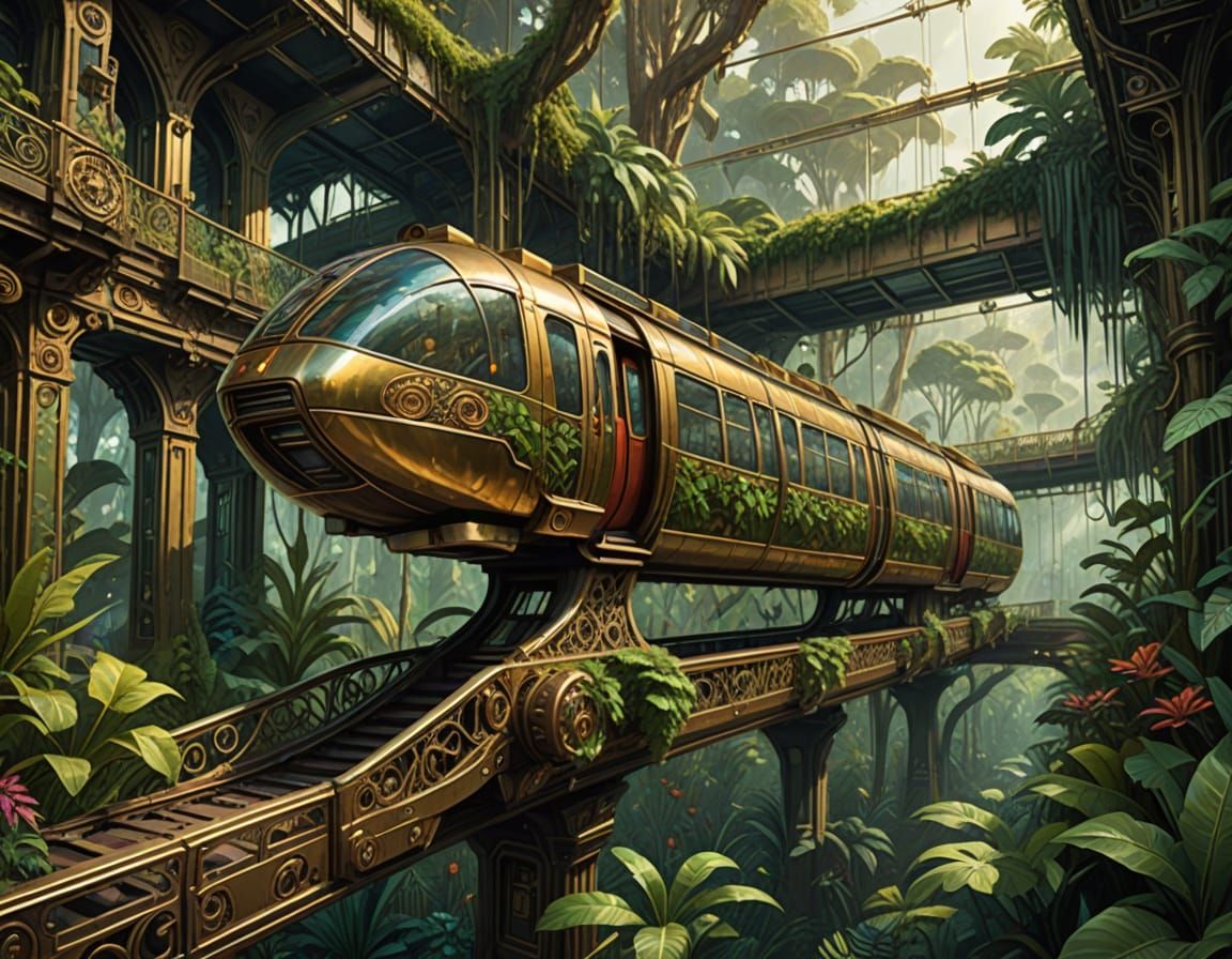 Steampunk Monorail in Lush Jungle