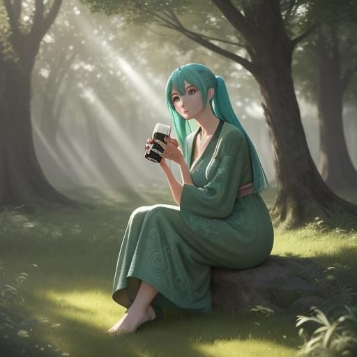 Anime Girl Drinking Beer Surrounded by Hare Statues