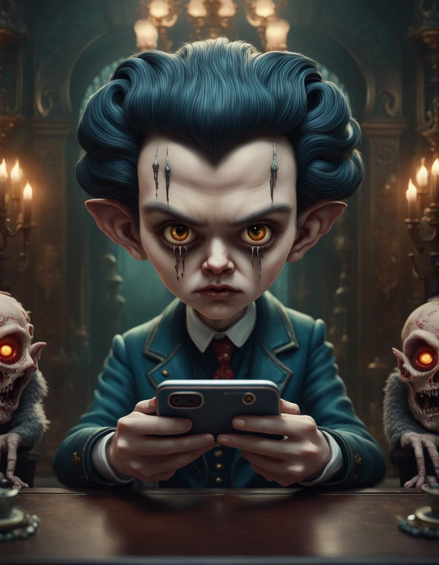 Person Typing on Phone in Mark Ryden Style