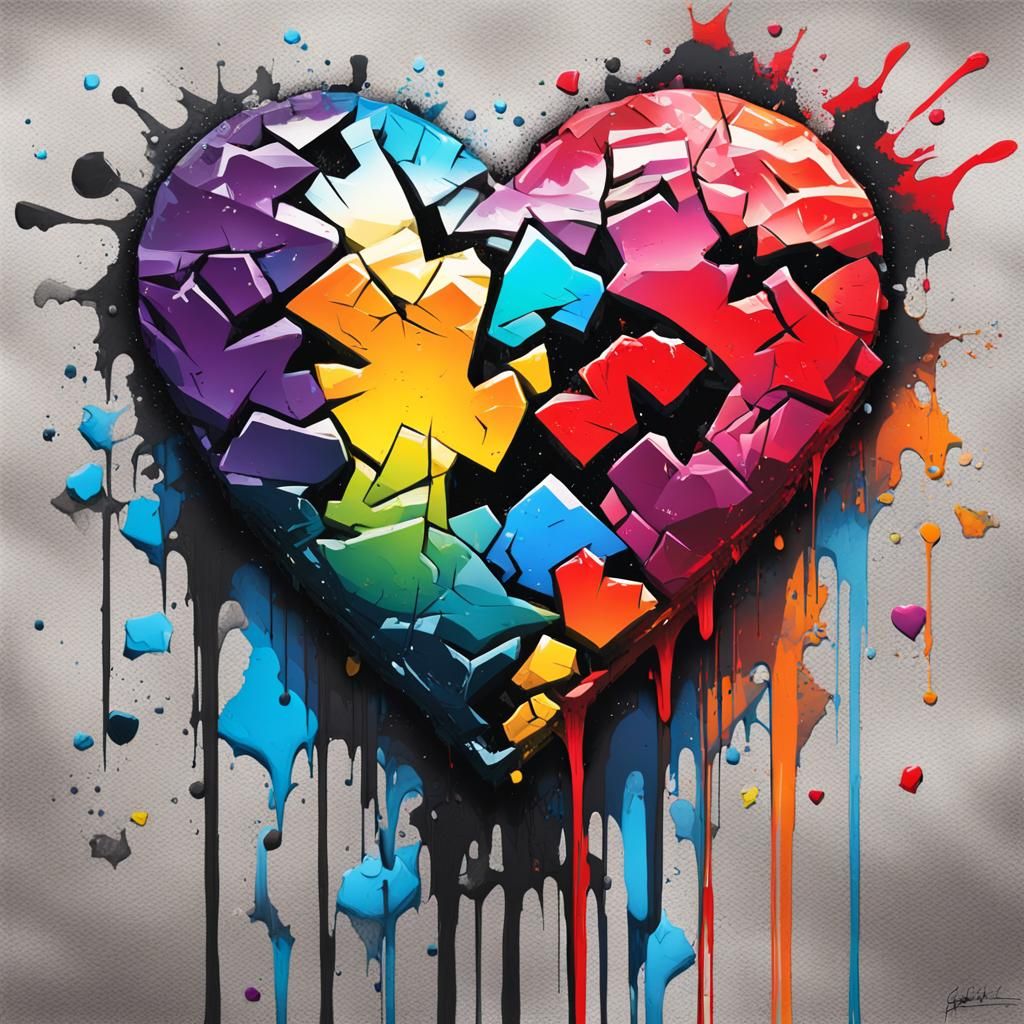 Shattered Heart Graffiti Art in Polychromatic Splash