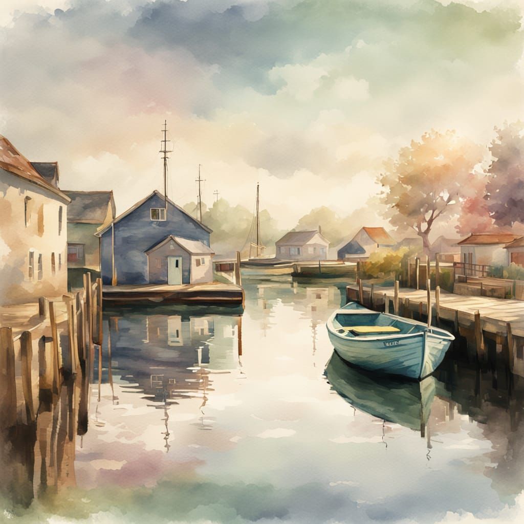 A charming fishing boat moored at a quiet village dock, soft...