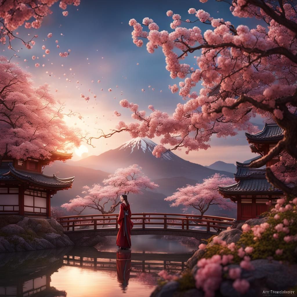 Japanese Woman in Front of Cherry Blossoms