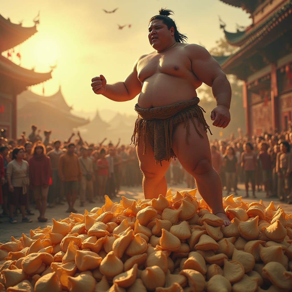 Sumo Wrestler Triumphant on Fortune Cookies