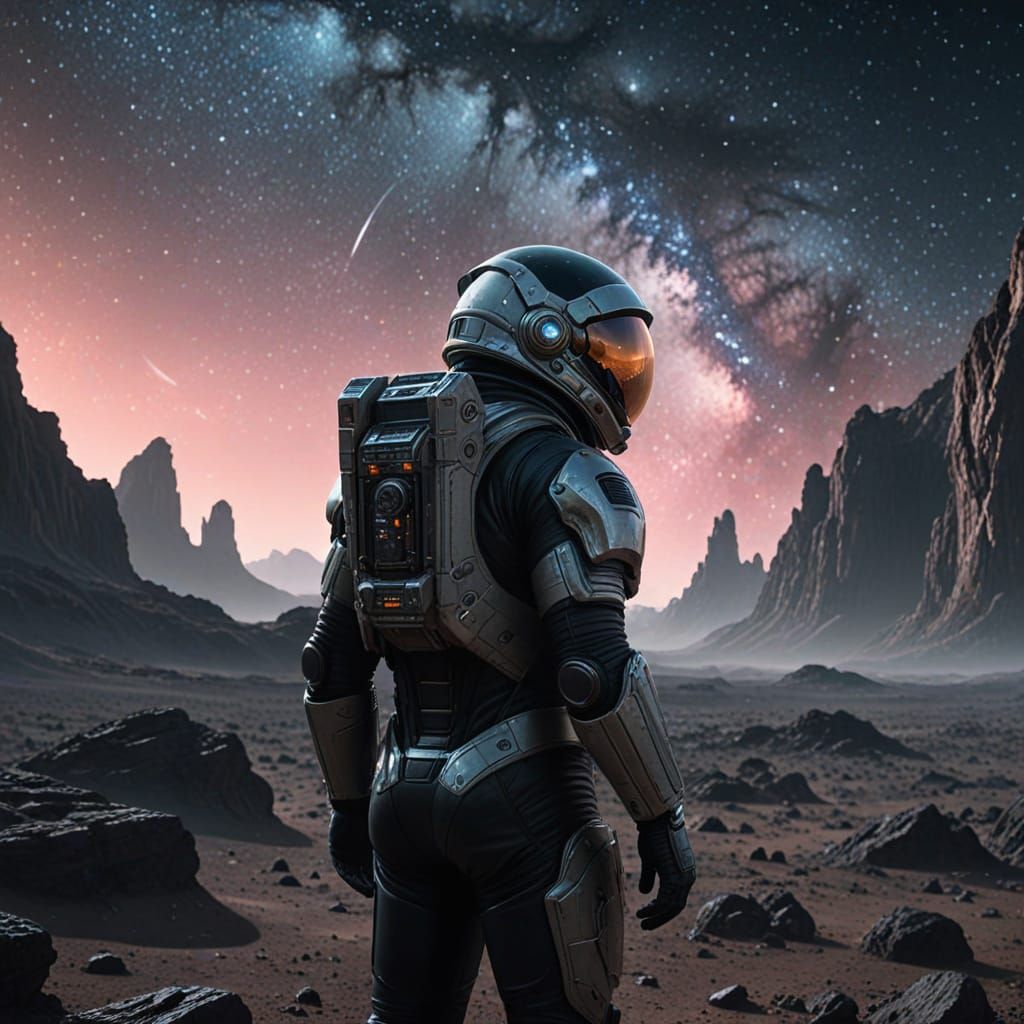 Astronaut on Alien Planet Gazing at Nebula