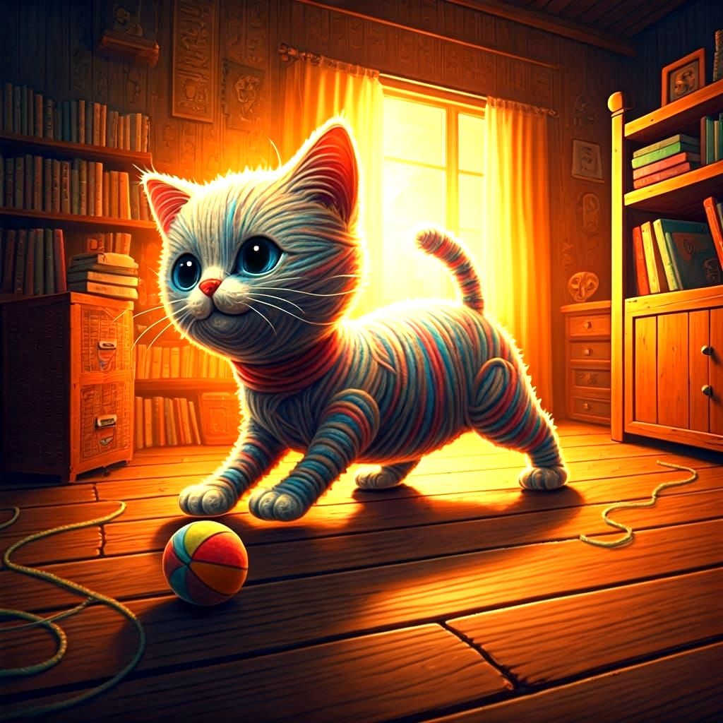 Playful Yarn Kitten Whimsical Illustration