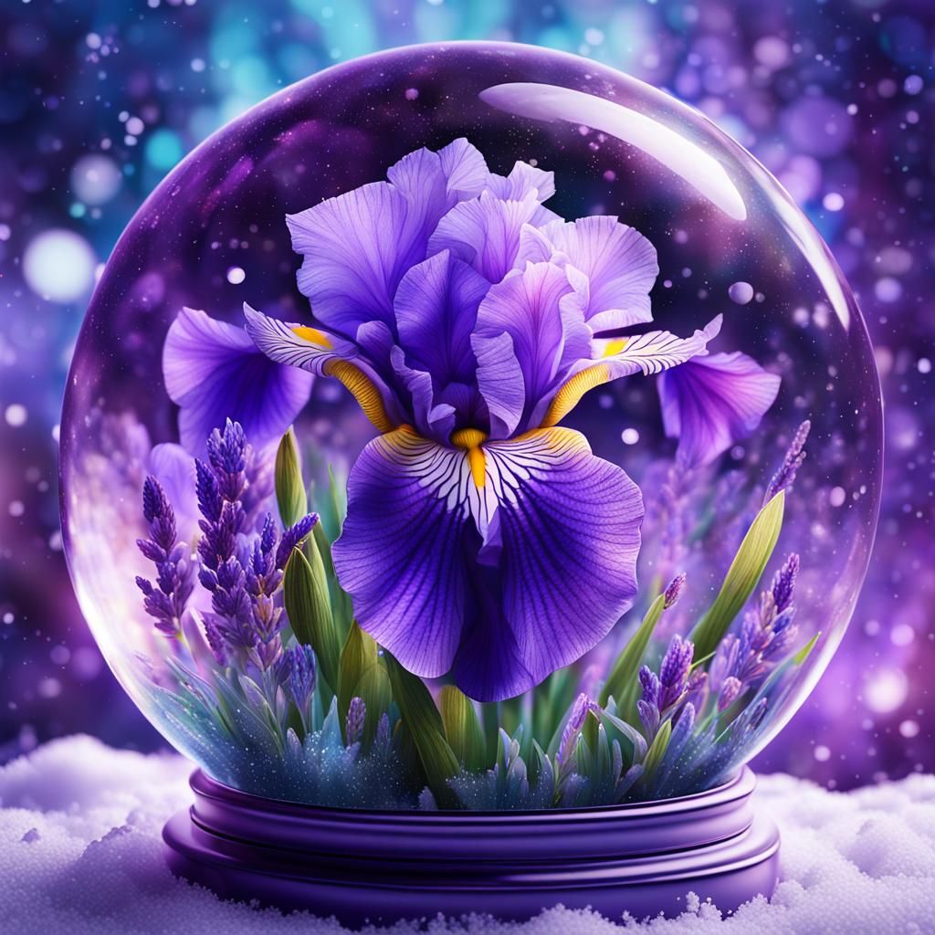 Purple Iris in Snow Globe: Holographic Astral Illustration