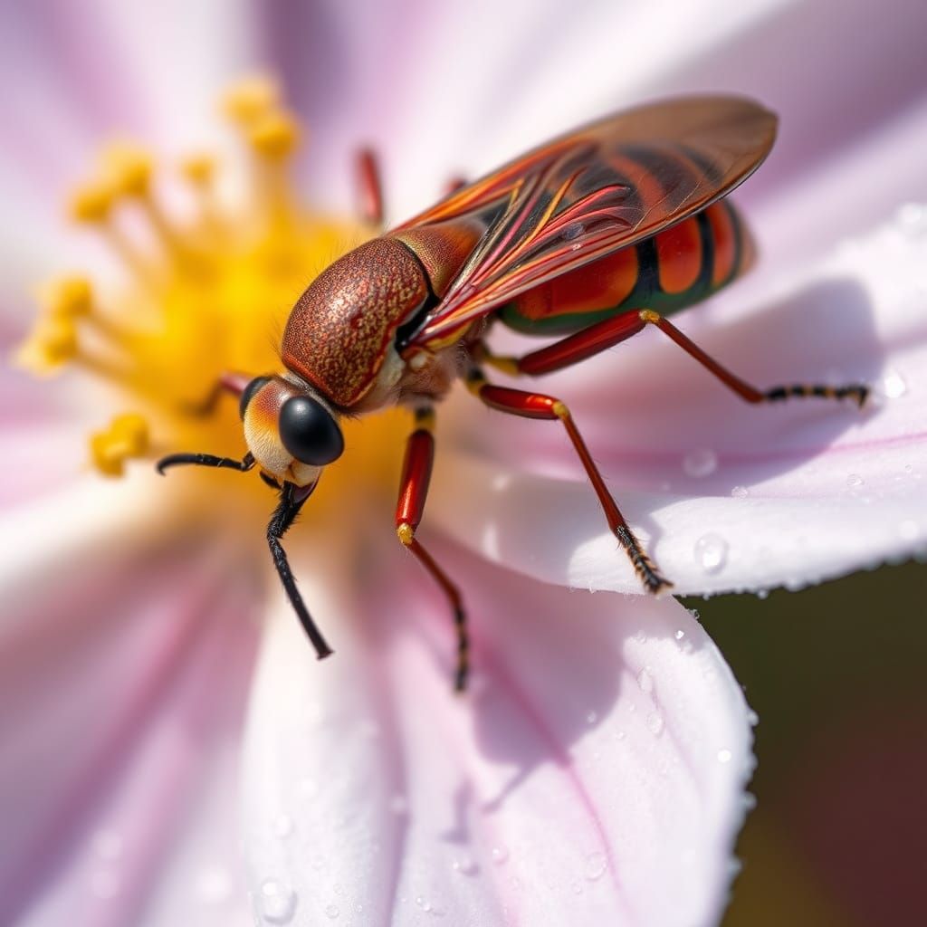 Intricate Macro Photography of an Insect on a Dewy Flower