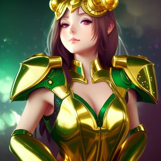 Anime Girl in Gold and Emerald Armor, 8K