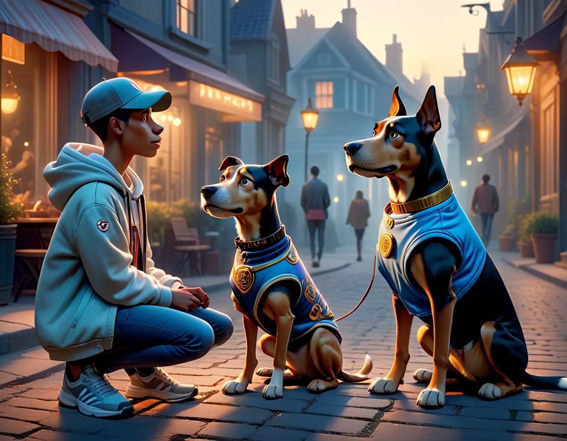 Teenager Conversing with Anthropomorphic Dog at Magic Hour