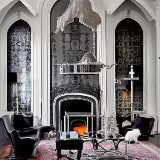 Gothic cat penthouse with Black walls with Beautiful silver windows& Black Gothic furniture& Silver rugs& black cat tape...