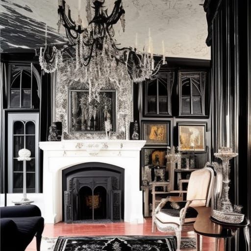 Gothic cat penthouse with Black walls with Beautiful silver windows& Black Gothic furniture& Silver rugs& black cat tape...