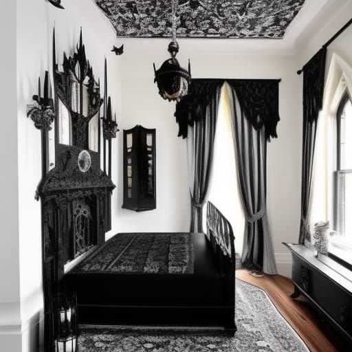 Gothic cat penthouse with Black walls with Beautiful silver windows& Black Gothic furniture& Silver rugs& black cat tape...