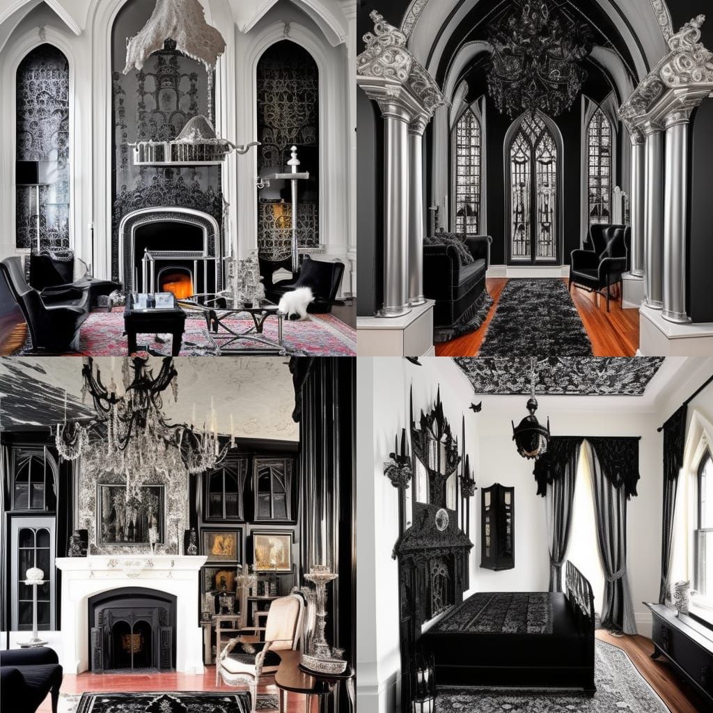 Gothic cat penthouse with Black walls with Beautiful silver windows& Black Gothic furniture& Silver rugs& black cat tape...