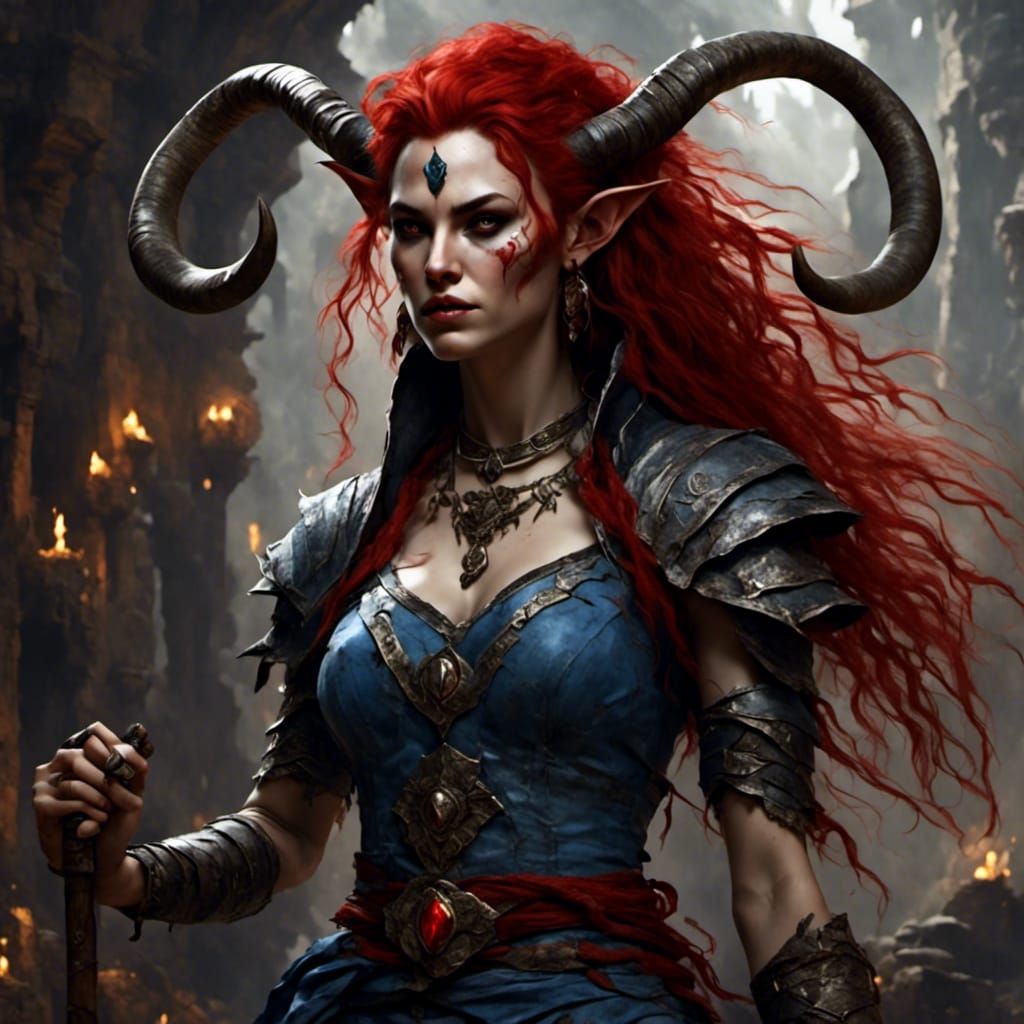 Crimson-Haired Tiefling in Dark Fantasy Style
