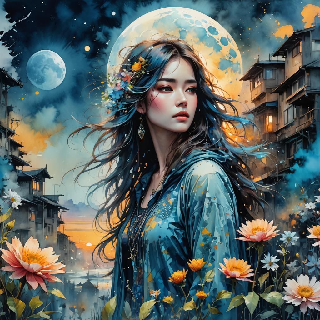 Summerscape Sunset Digital Watercolor Illustration