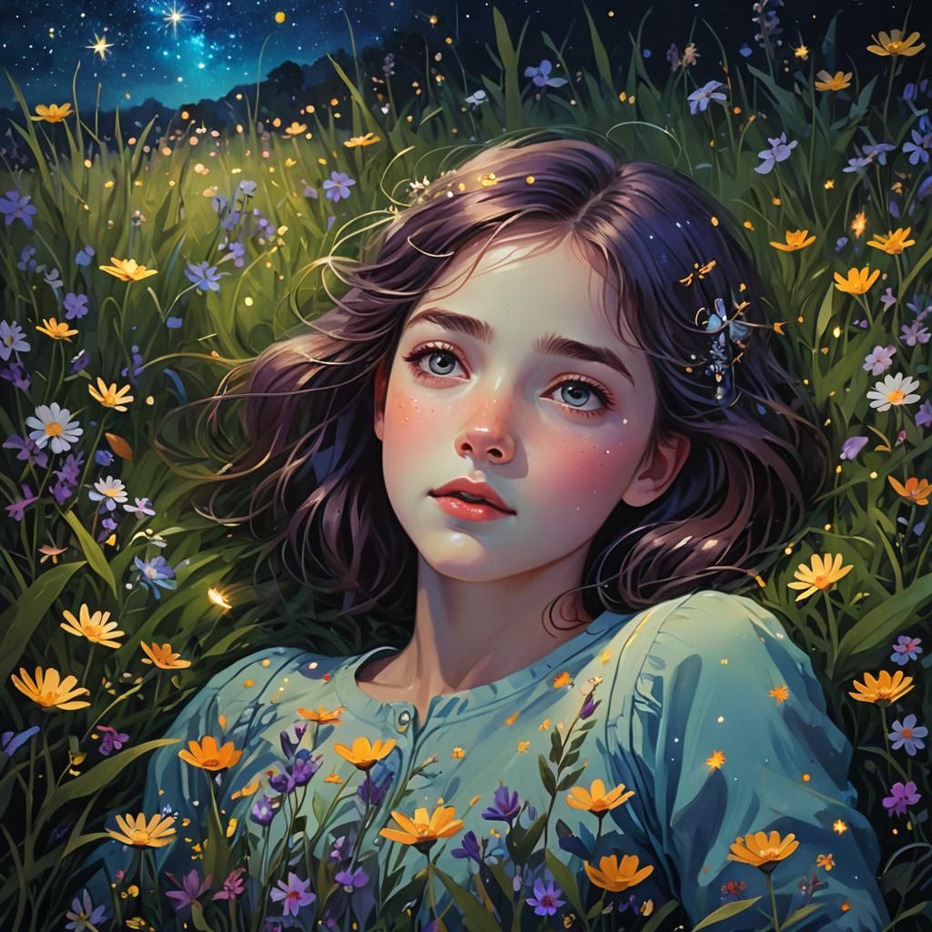 Girl in Starry Field, Illustrative Animation Style