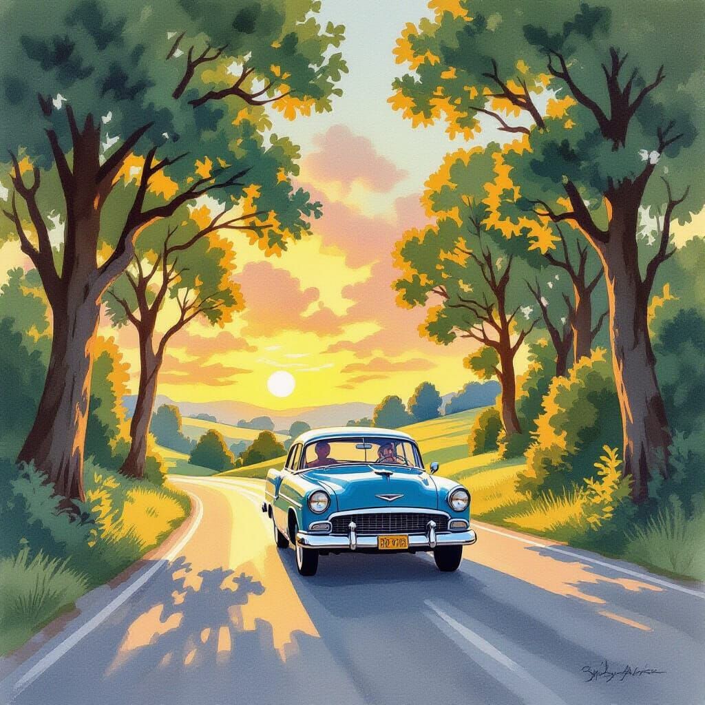 Vintage Car on Sunset Road in Watercolor Style