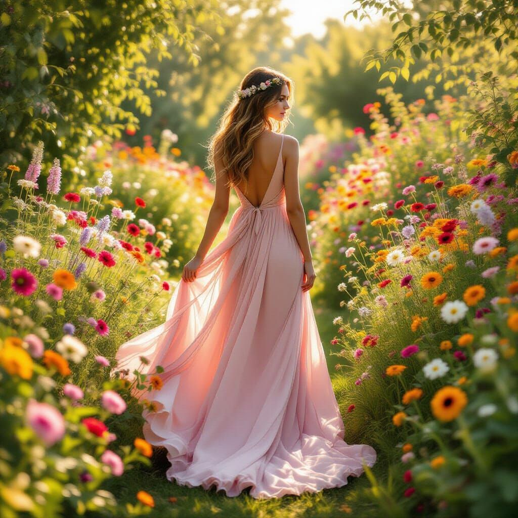Woman in Pink Dress in Whimsical Wildflower Garden