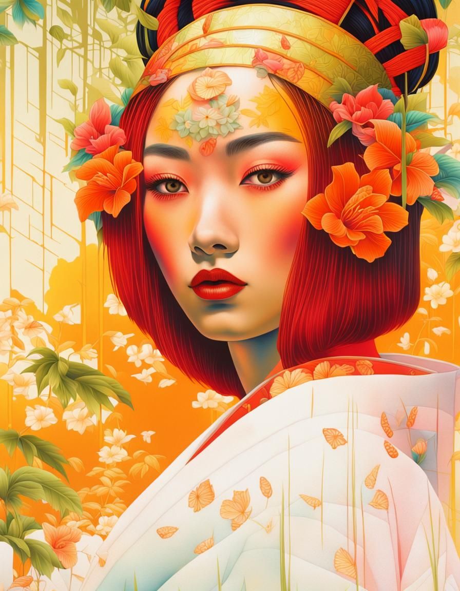 Geisha Girl in Verdant Jungle, Hyperrealistic Neon Art