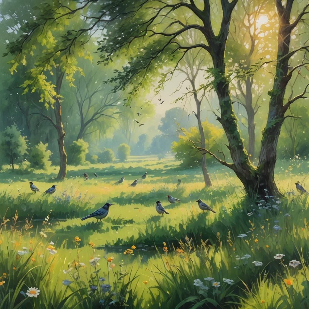 Birds Eating in Meadow: Impressionist Landscape Painting