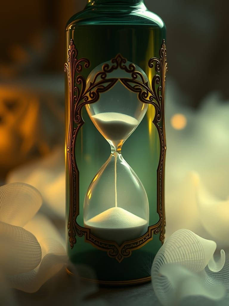 Hourglass in Emerald Bottle: Mystical Sci-Fi Illustration
