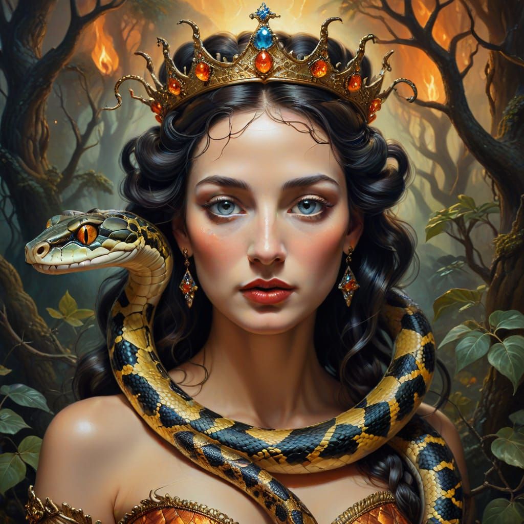 Surreal Snake Queen Portrait in Oil Painting Style
