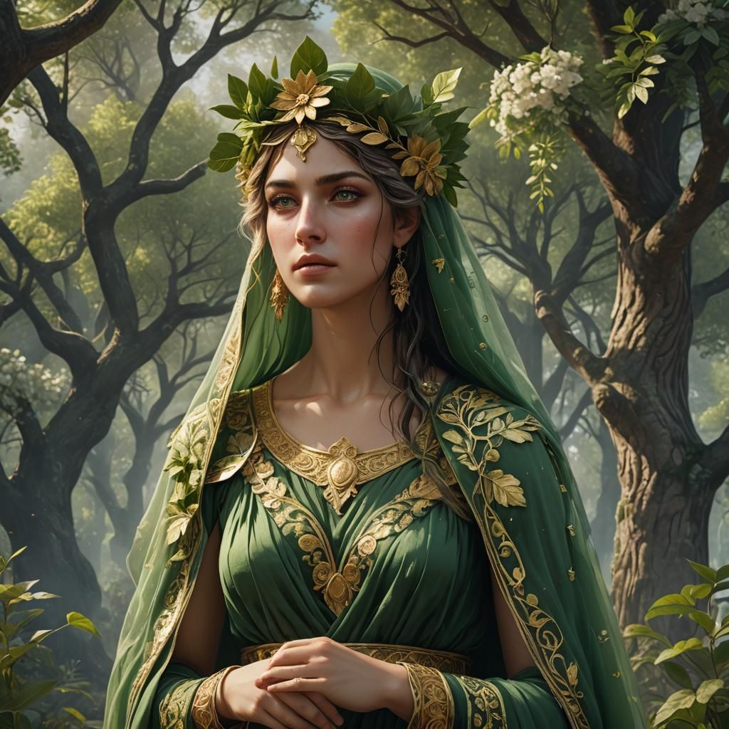 Green-Clad Greek Goddess with Child: Fantasy Art