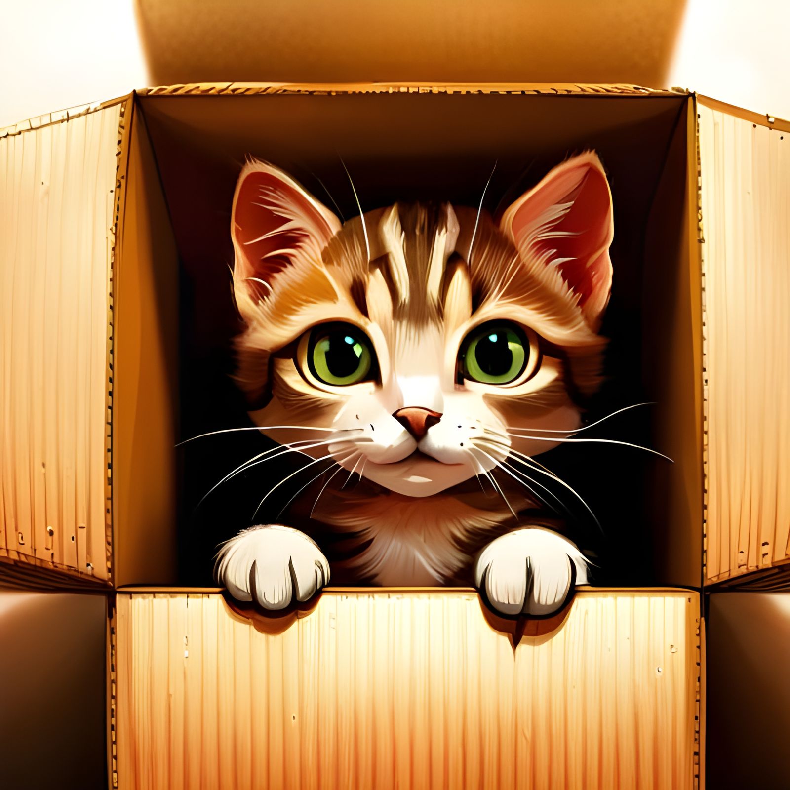 Adorable Kitten in Cardboard Box, Hyperrealistic