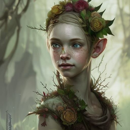 Elven Girl Portrait with Flowing Floral Hair
