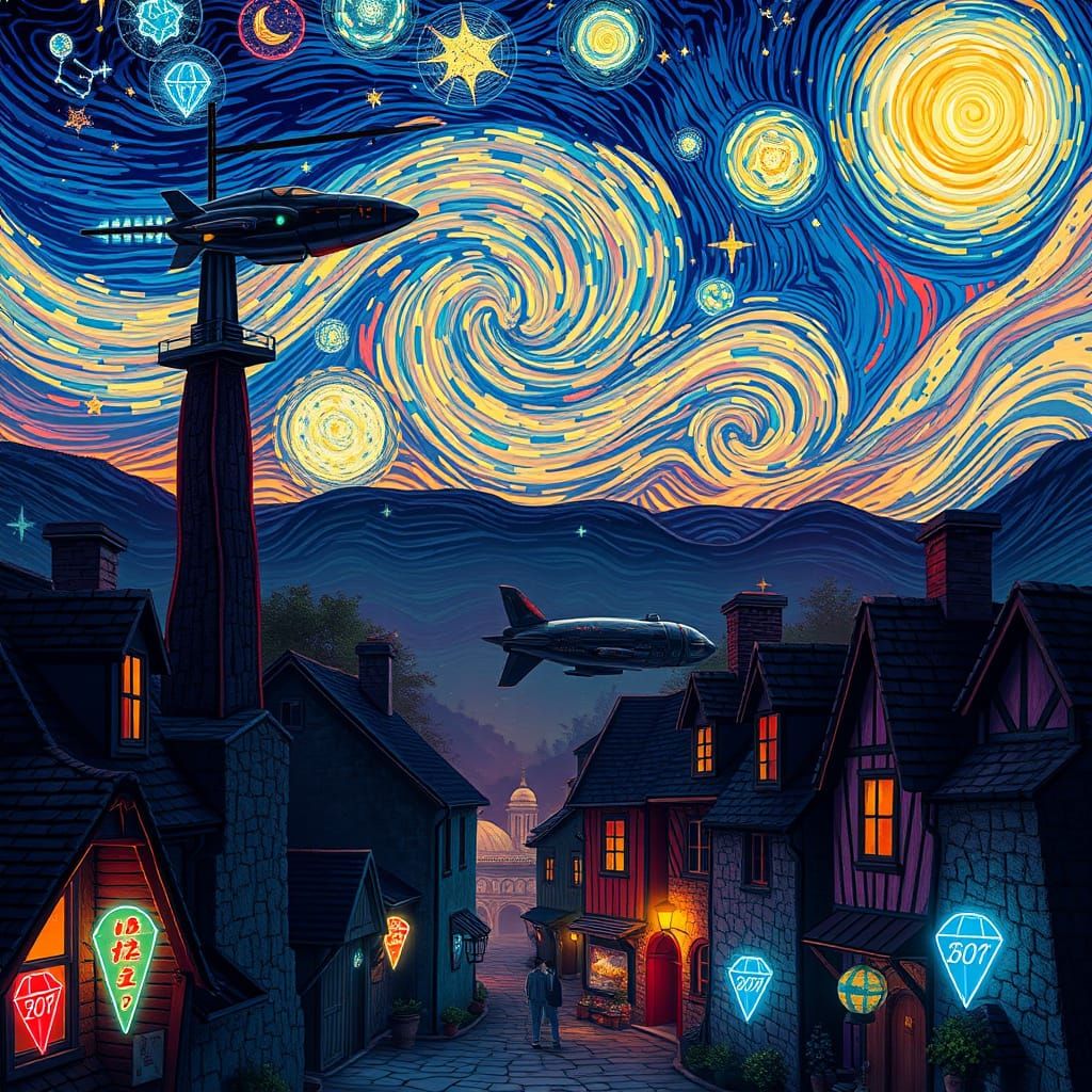 Cosmic Village Under Neon Skies