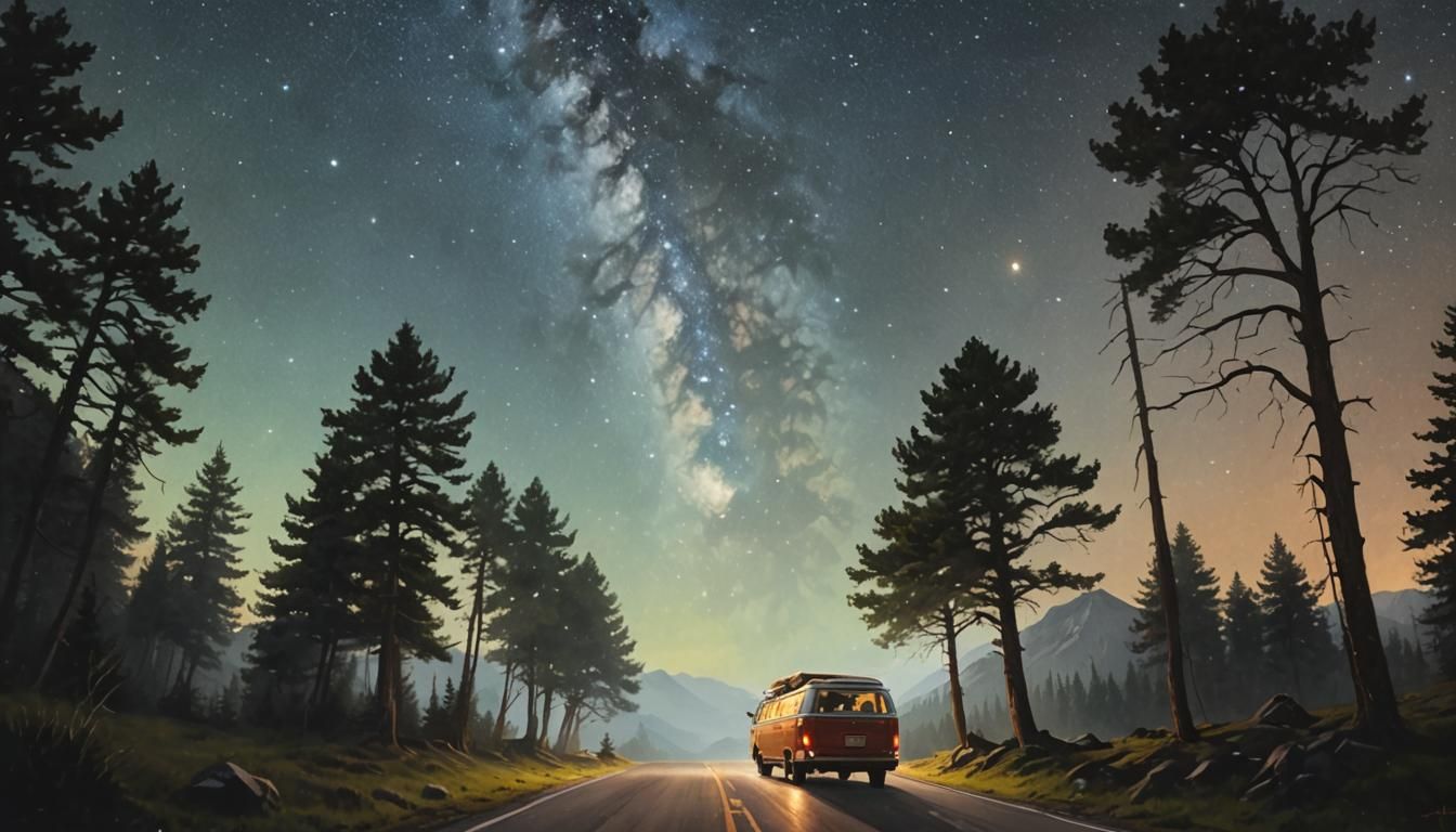 Van Under Starry Sky with Mountain Climber
