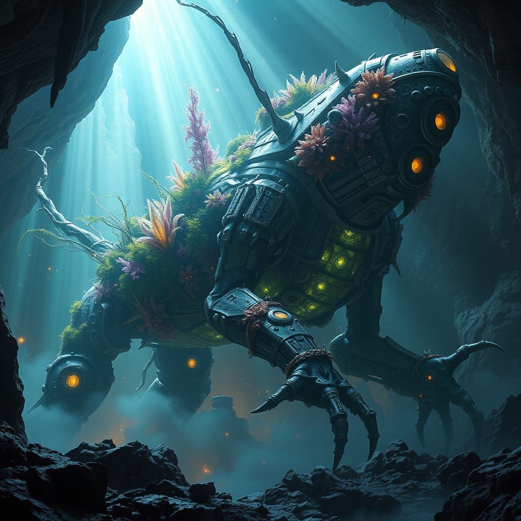 Ancient Robot Slumbers in Bioluminescent Crystal Cavern