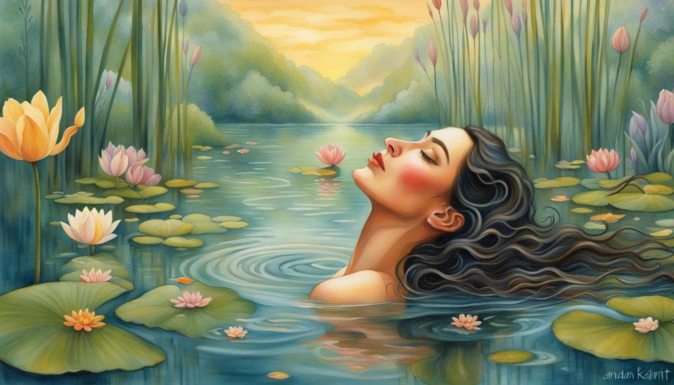 Woman Bathing in Pond with Lotus Flowers