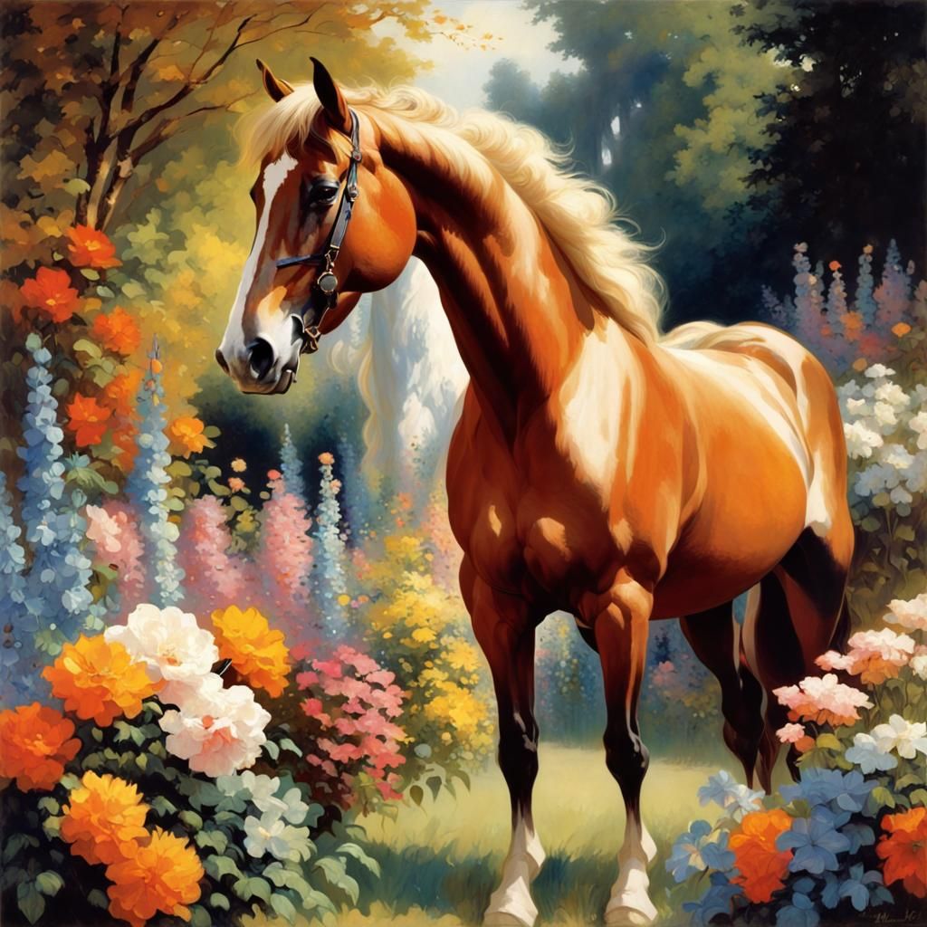 beautiful majestic horse in an amazingly detailed floral garden, Ultra 3D, brilli...