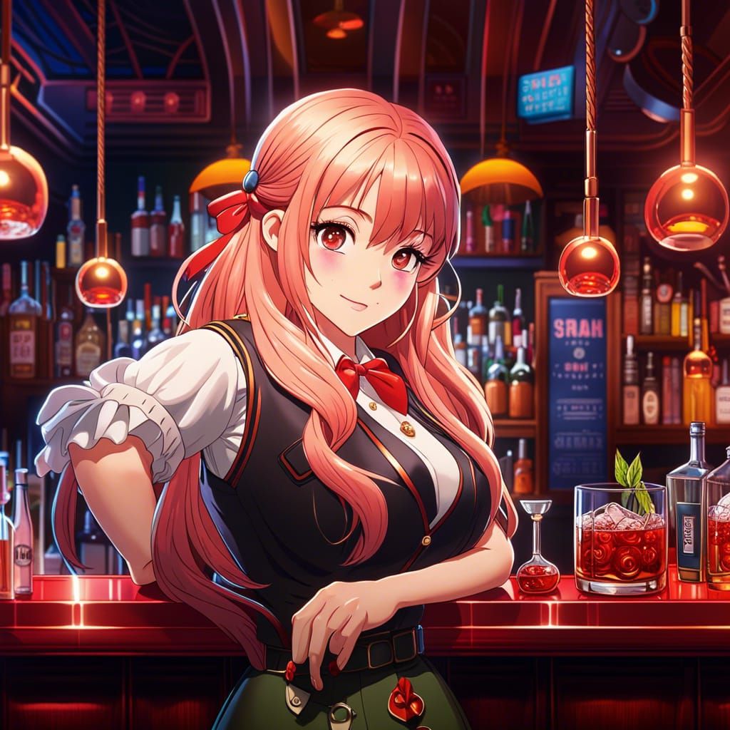 cute anime very drunk bartender girl cozy flushed red cheeks 🤭 bar interior on the background, detailed matte painting,...