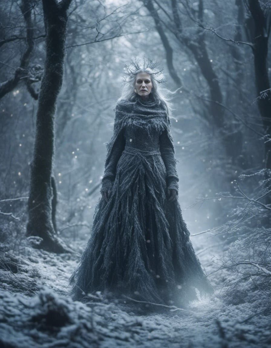 Winter Crone Casting Frosty Spells in Forest