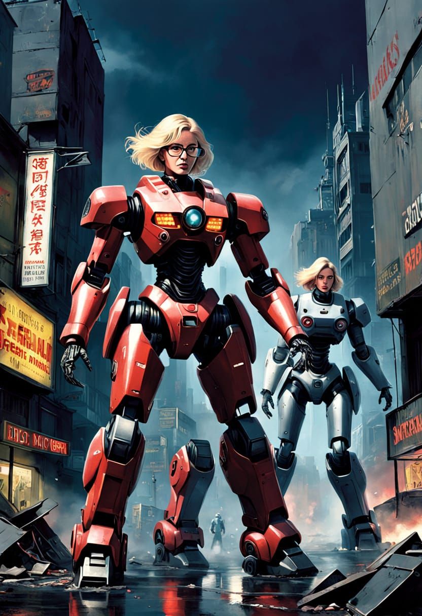 Giant Female Mecha Robots on Sunset Boulevard in Cyberpunk S...