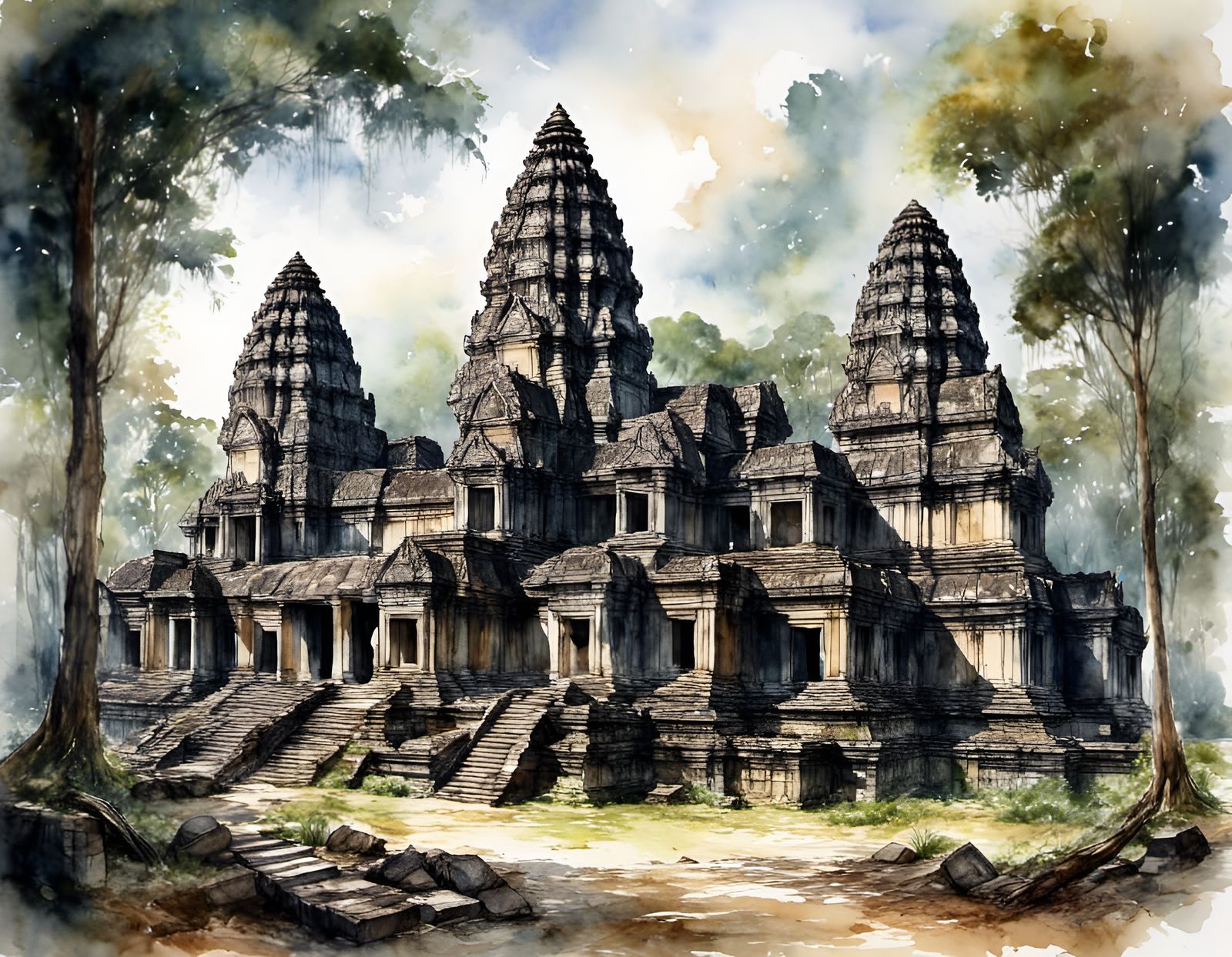 Angkor Wat, Cambodia in Watercolor Style