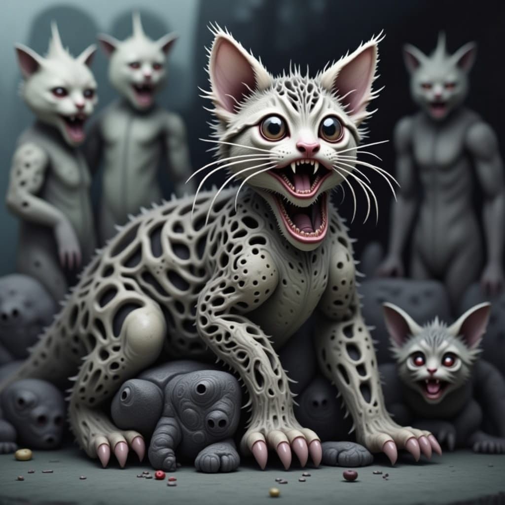 Horrific Kitten-Cyborg in Junji Ito Style